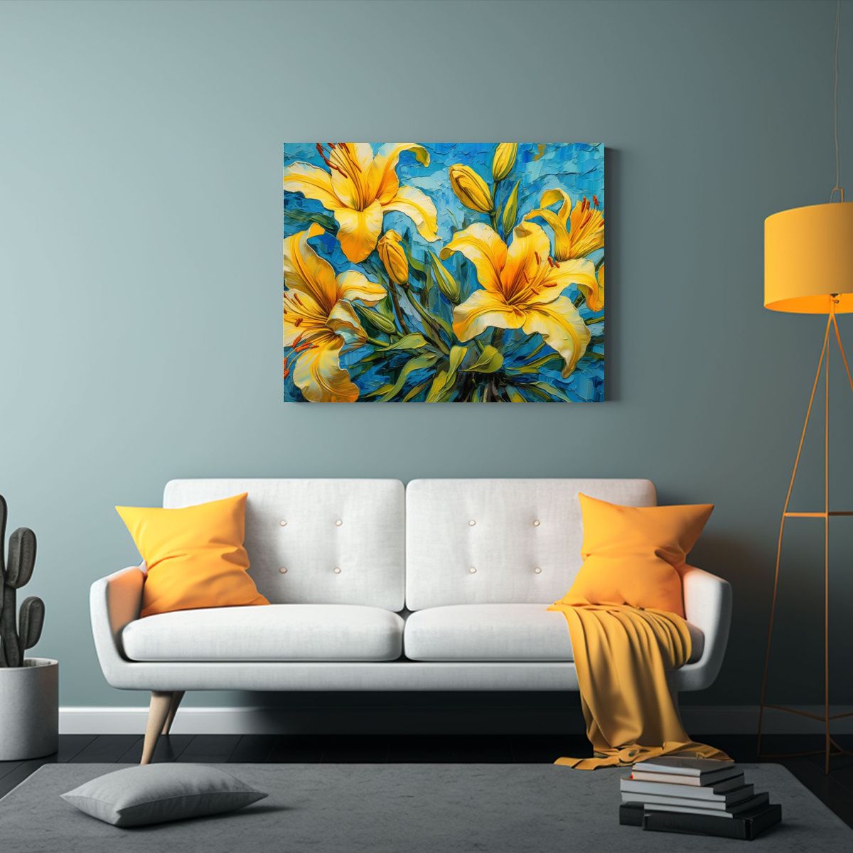 GENERICO - Pintura Mural De Lirios Amarillos Sobre Fondo Azul De Alto C 120x80cm