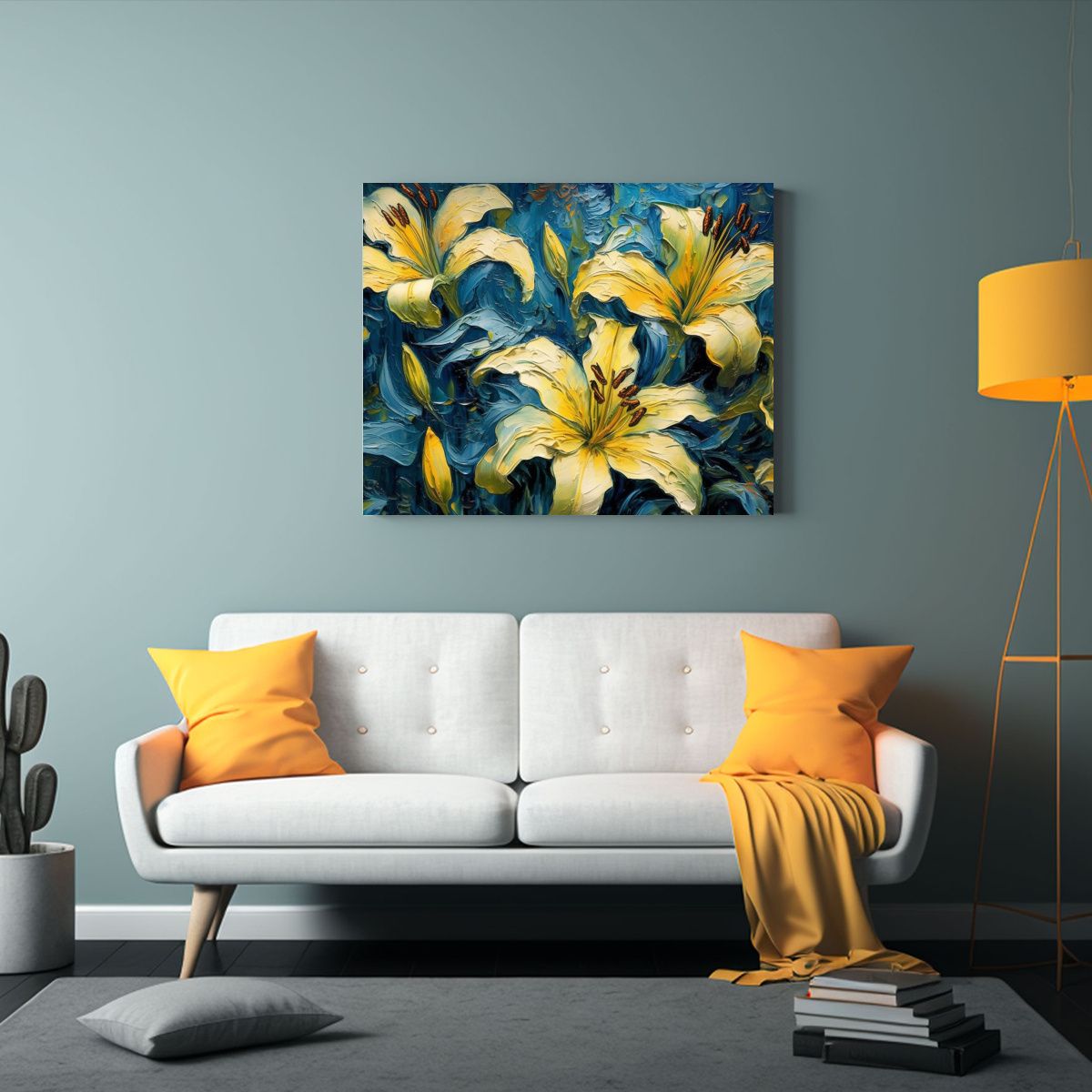 GENERICO - Cuadro Patron Intenso De Lirios Amarillos Sobre Fondo Azul A 120x80cm