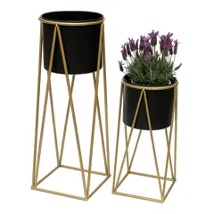 GENERICO - Set 2 Porta Maceteros Pedestal Maceta Plantas Negro Dorados