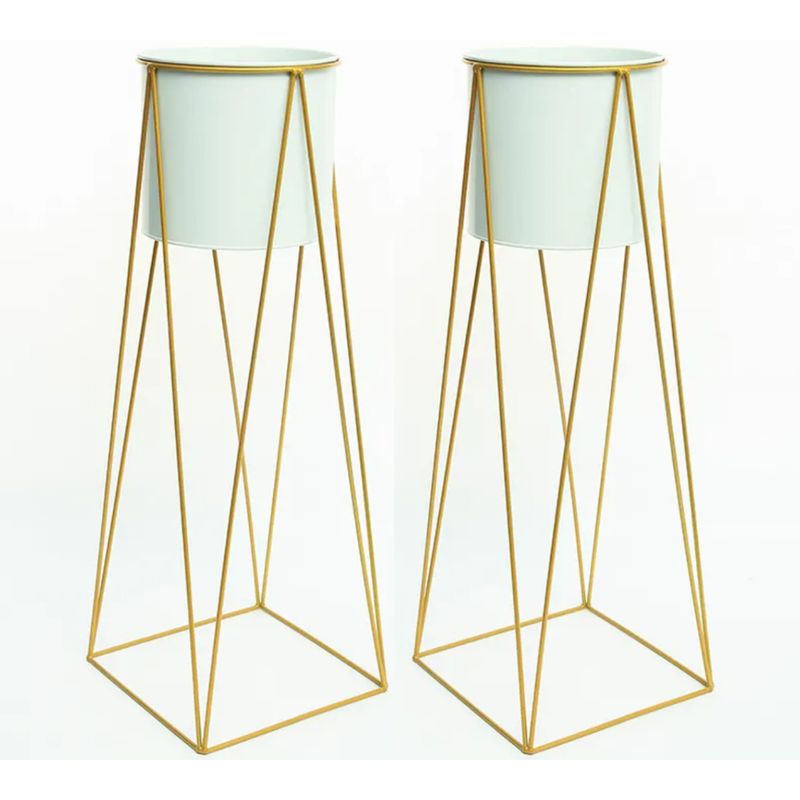 GENERICO - Set 2 Porta Maceteros Pedestal Igual Tamaño Blanco Dorados