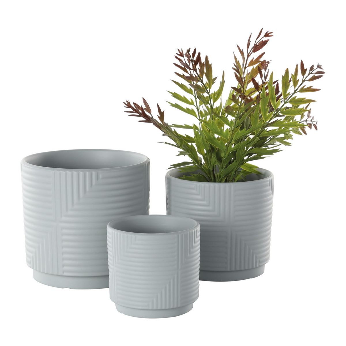 GENERICO - Set 3 Maceteros Maceta De Ceramica Gris Con Lineas Cuadradas