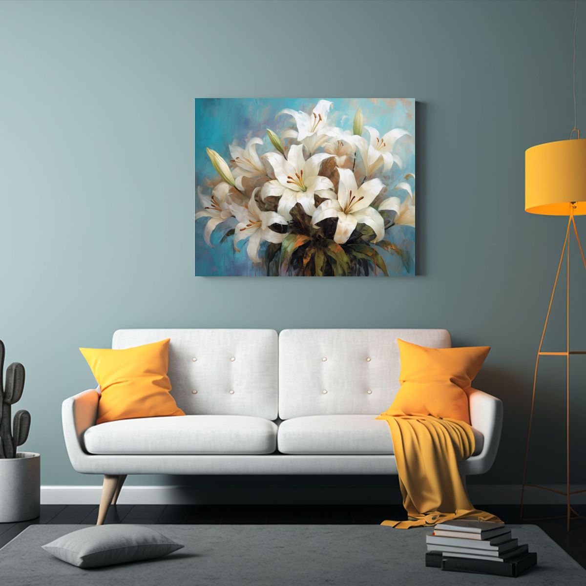 GENERICO - Pintura Moderna De Ramo De Lirios Blancos En Fondo Azul Enma 120x80cm