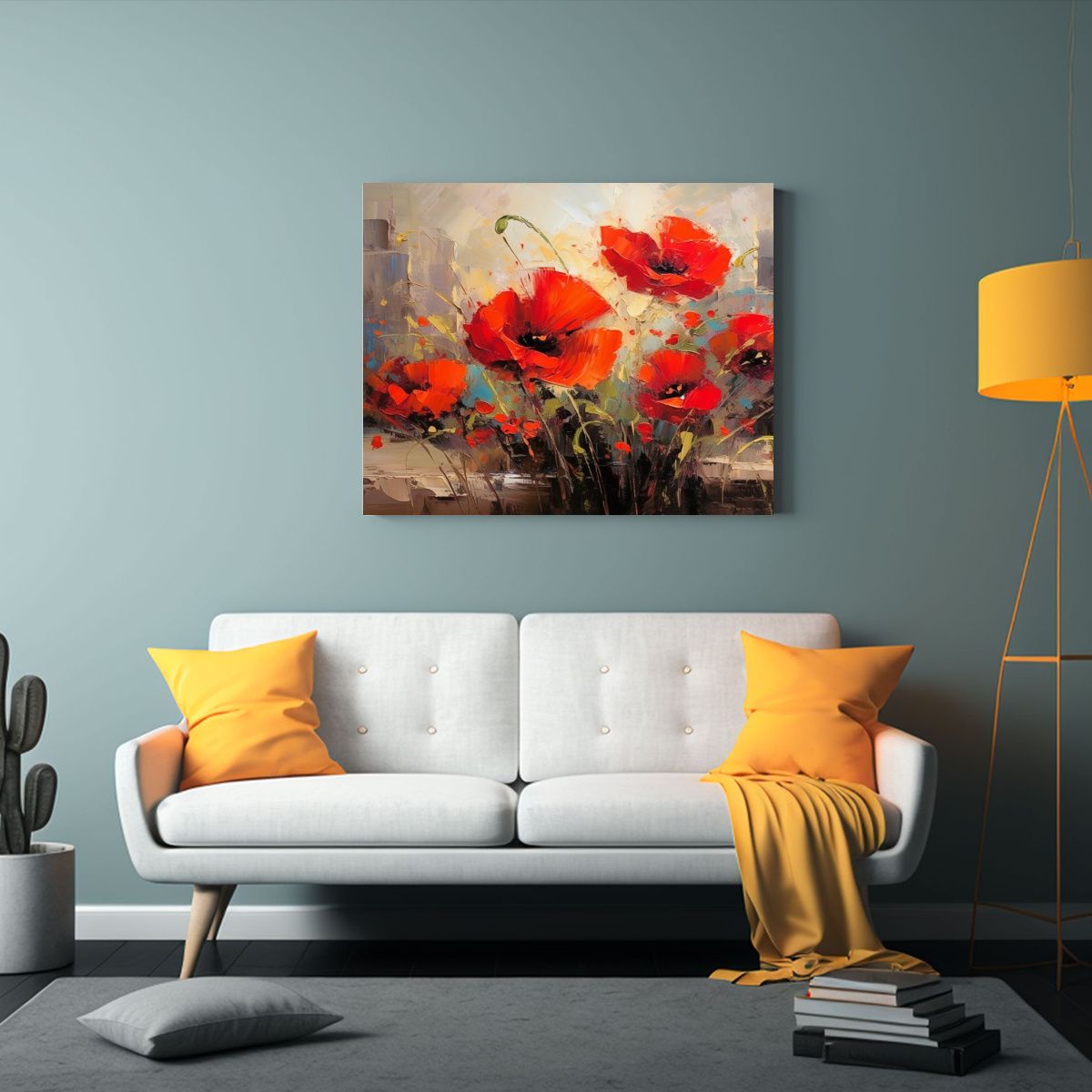 GENERICO - Pintura Abstracta Con Amapolas Rojas En Amarillo 120x80cm