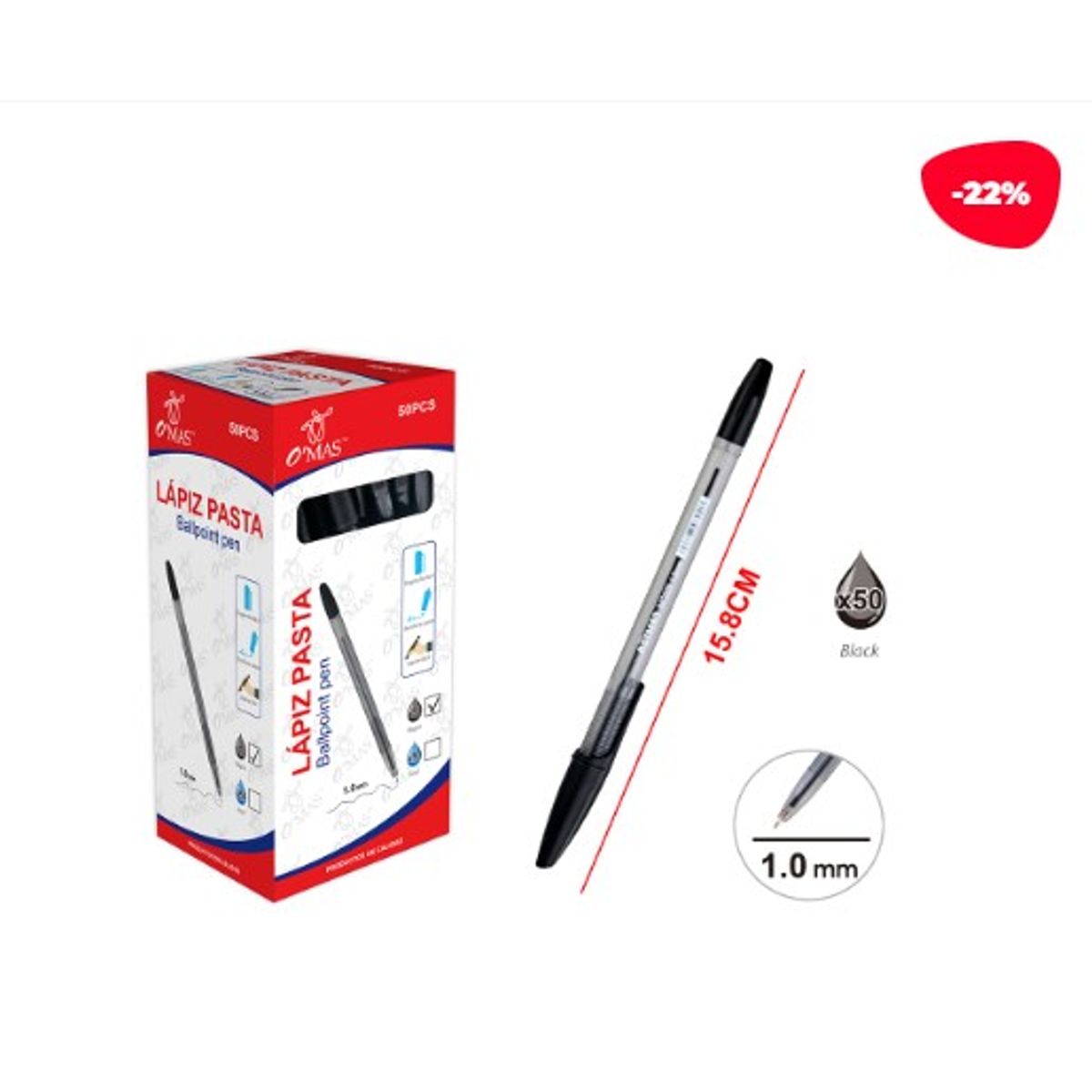 GENERICO - Lapiz Pasta Tinta Color Negro 10Mm 50PCs 158Cm