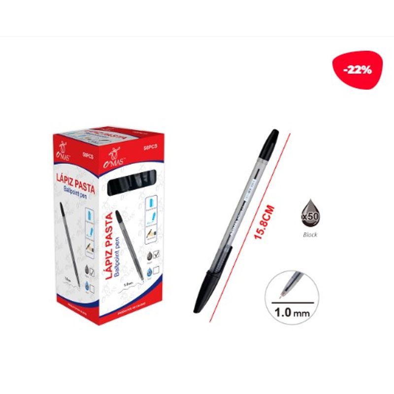 GENERICO - Lapiz Pasta Tinta Color Negro 10Mm 50PCs 158Cm