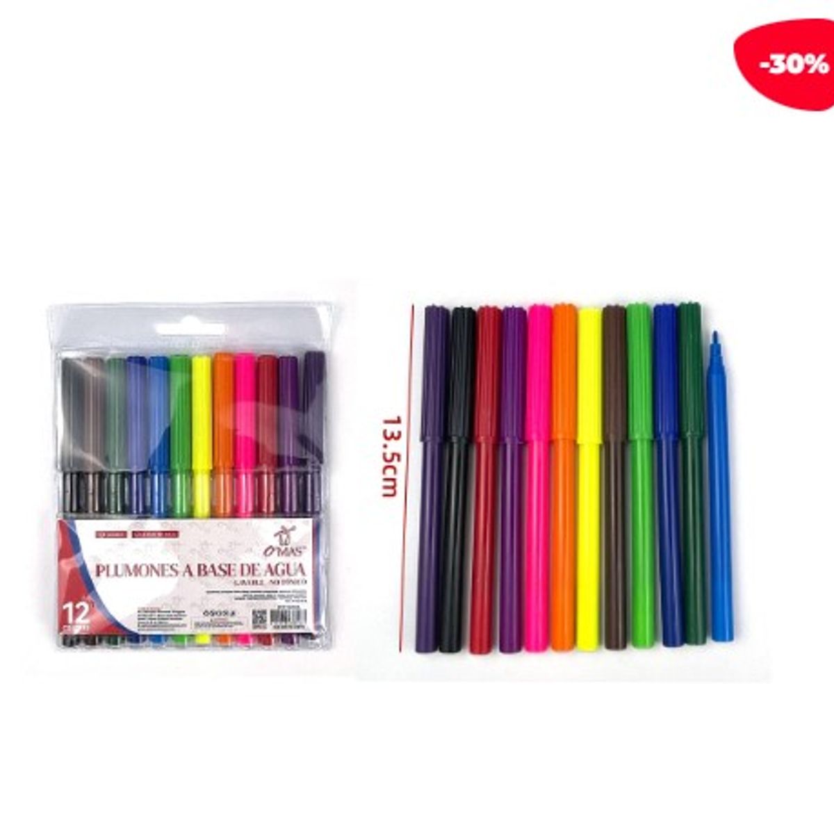GENERICO - Plumones A Base De Agua 12 Colores 13.5Cm