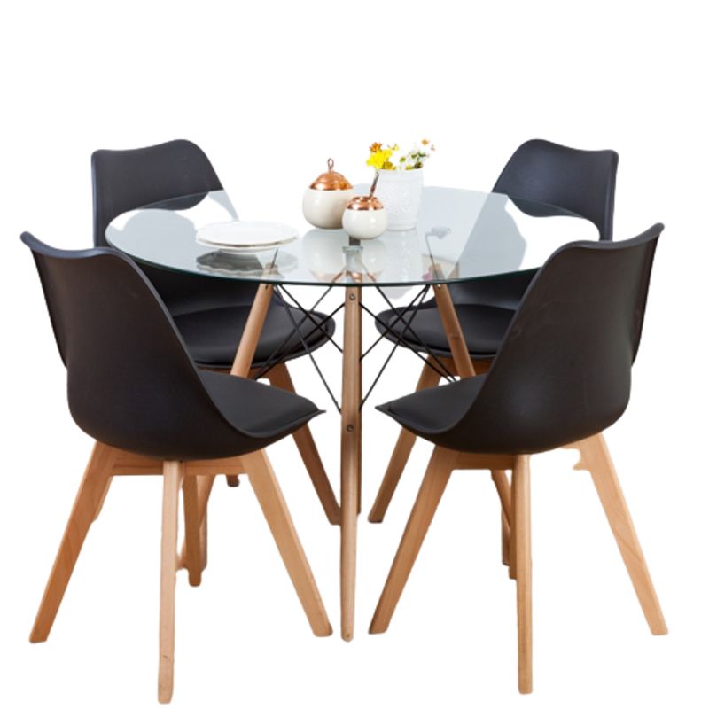 MOBOI - Comedor Mesa Eames Redonda De Vidrio 100cm Y 4 Sillas Tulip Negras