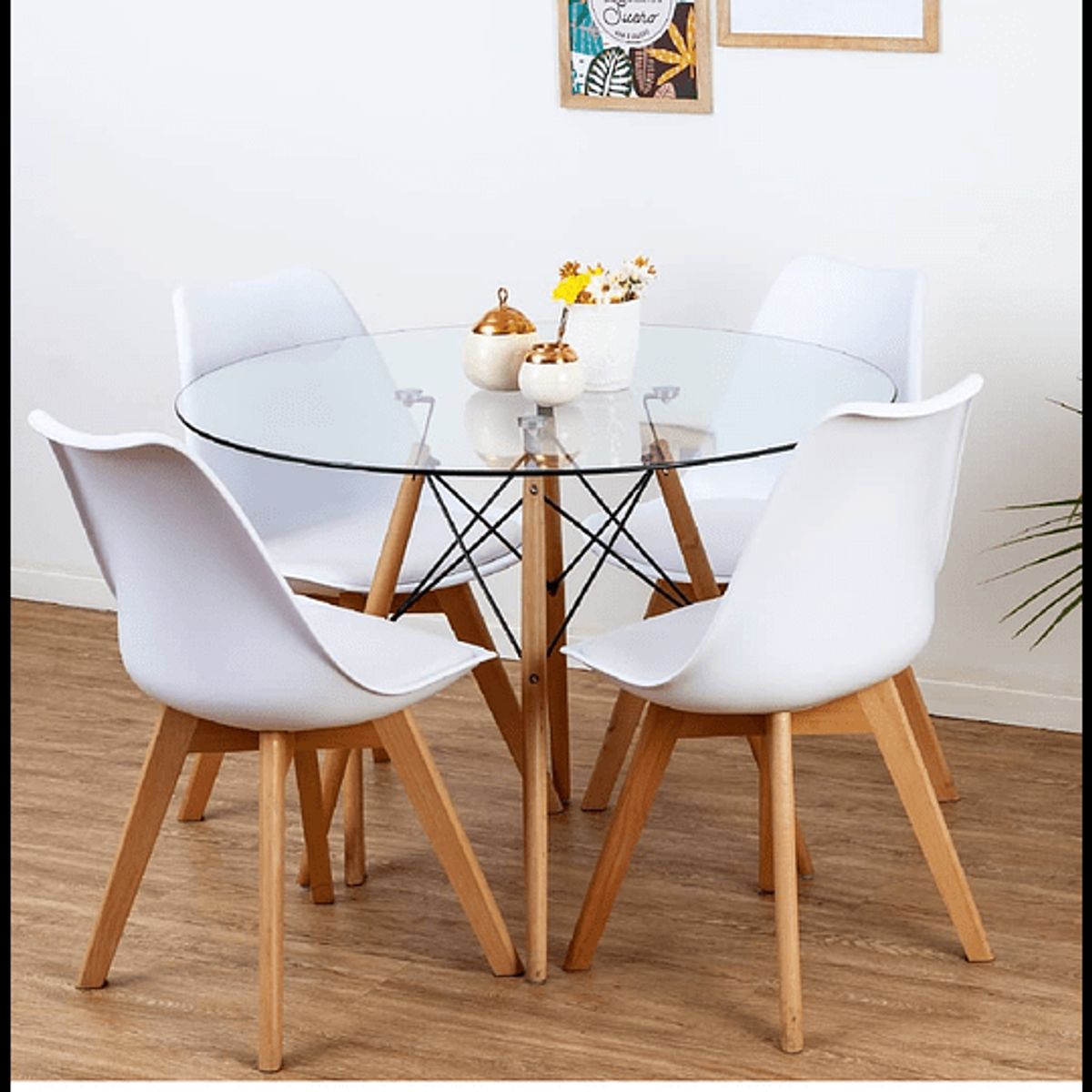 MOBOI - Comedor Mesa Eames Redonda De Vidrio 100cm Y 4 Sillas Tulip Blancas