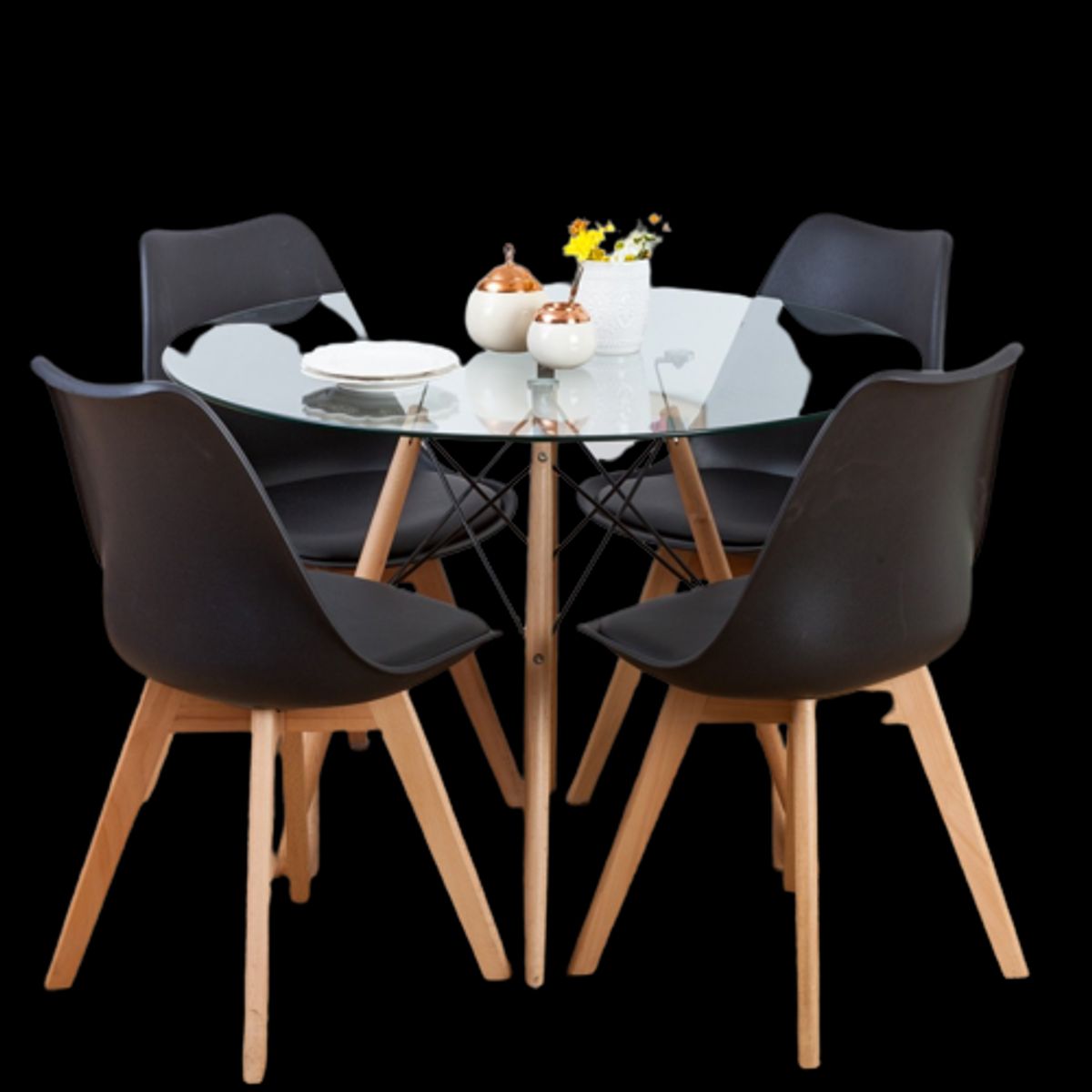 MOBOI - Comedor Mesa Eames Redonda De Vidrio 80cm Y 4 Sillas Tulip Negras