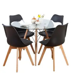 MOBOI - Comedor Mesa Eames Redonda De Vidrio 80cm Y 4 Sillas Tulip Negras