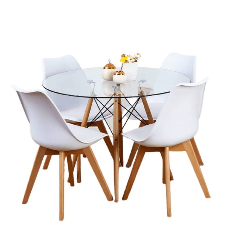 MOBOI - Comedor Mesa Eames Redonda De Vidrio 80cm Y 4 Sillas Tulip Blancas