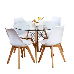 MOBOI - Comedor Mesa Eames Redonda De Vidrio 80cm Y 4 Sillas Tulip Blancas
