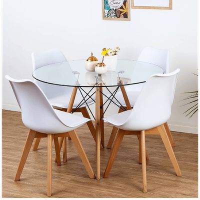 Imagen 2 del producto Comedor Mesa Eames Redonda De Vidrio 80cm Y 4 Sillas Tulip Blancas