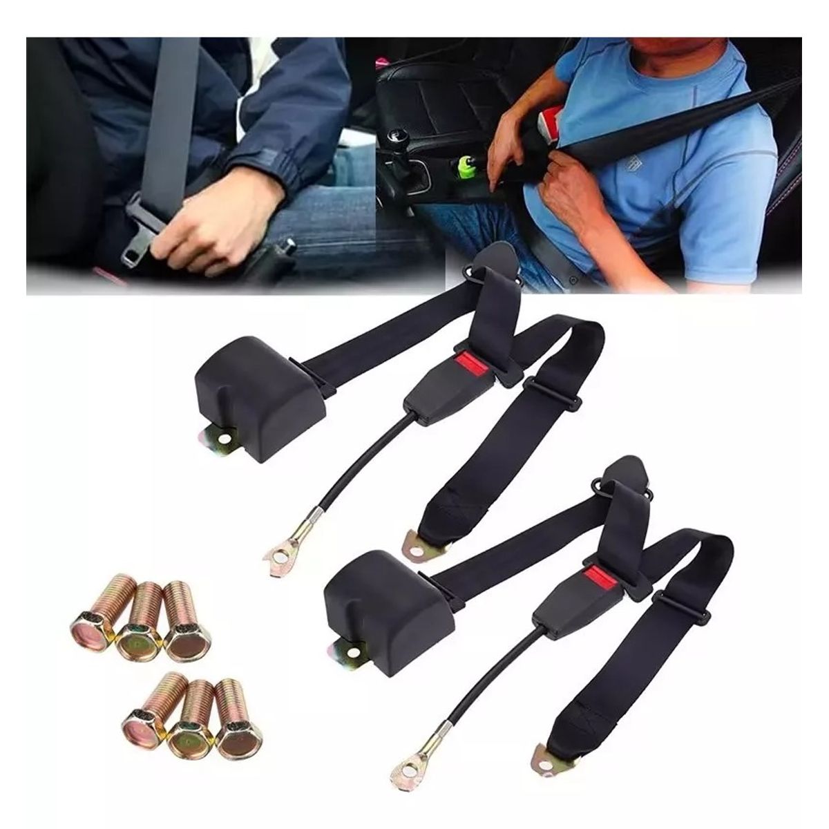 GENERICO - Par Cinturones Seguridad Universal 3 Puntos Negro Retractil