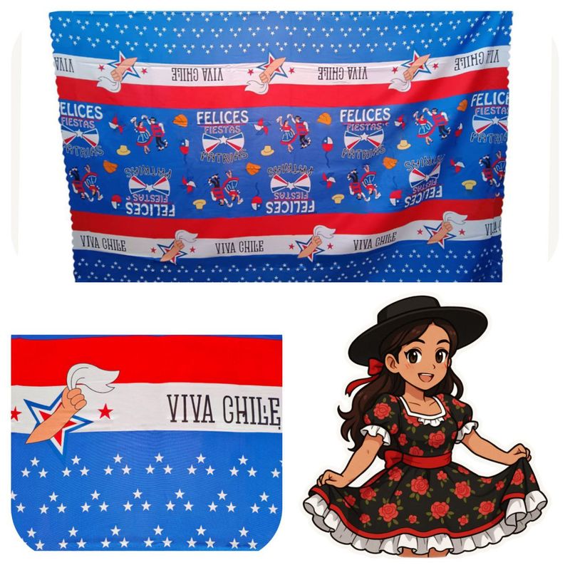 GENERICO - MANTEL DE TELA MESA RECTANGULAR FIESTAS PATRIAS DISEÑO PAÑUELO CUECA