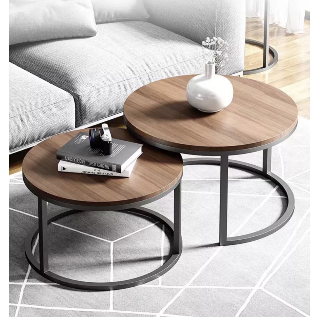 HOMER DESIGN - Juego Mesa De Centro Lateral Living Redonda Doble Madera…