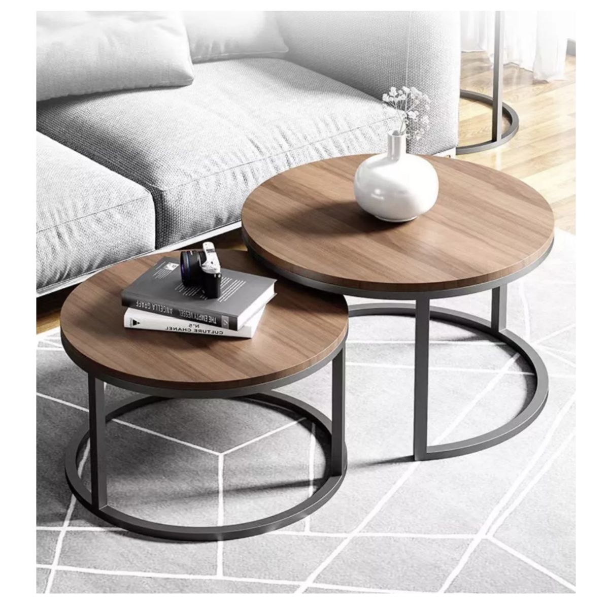 HOMER DESIGN - Juego Mesa De Centro Lateral Living Redonda Doble Madera…