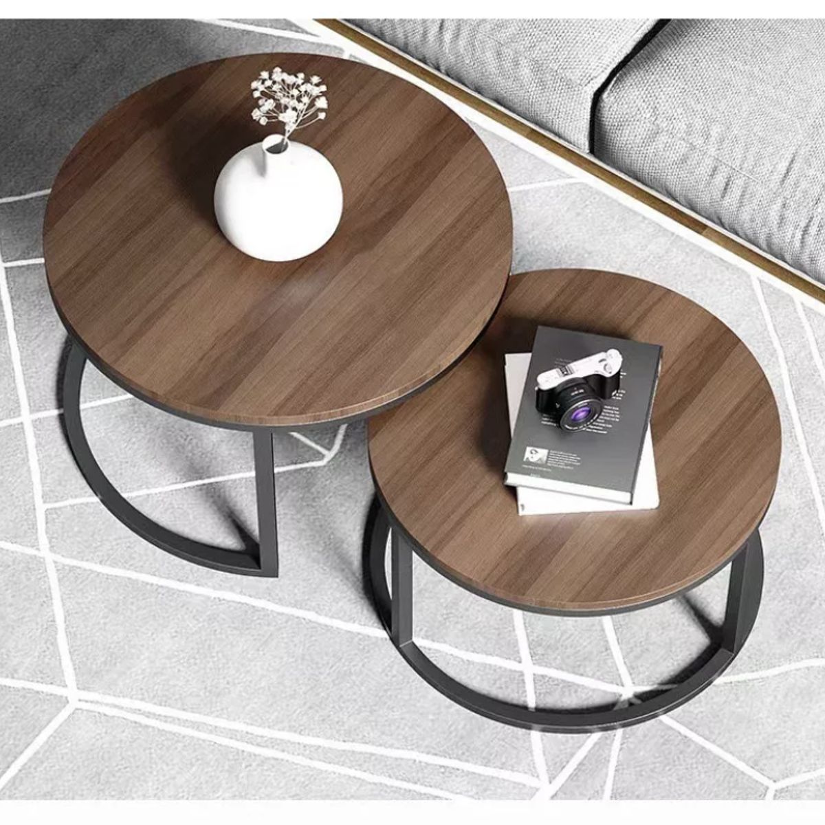 HOMER DESIGN - Juego Mesa De Centro Lateral Living Redonda Doble Madera…