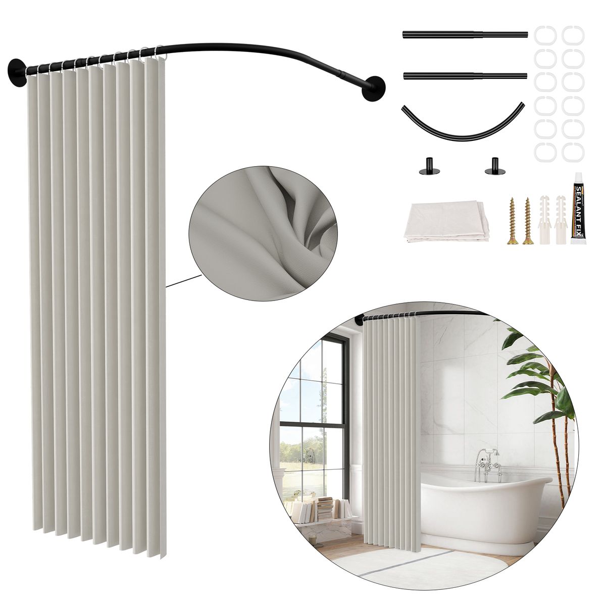 AIZO - Cortina  Ducha Tela Impermeable Barra Telescópica blanquecino