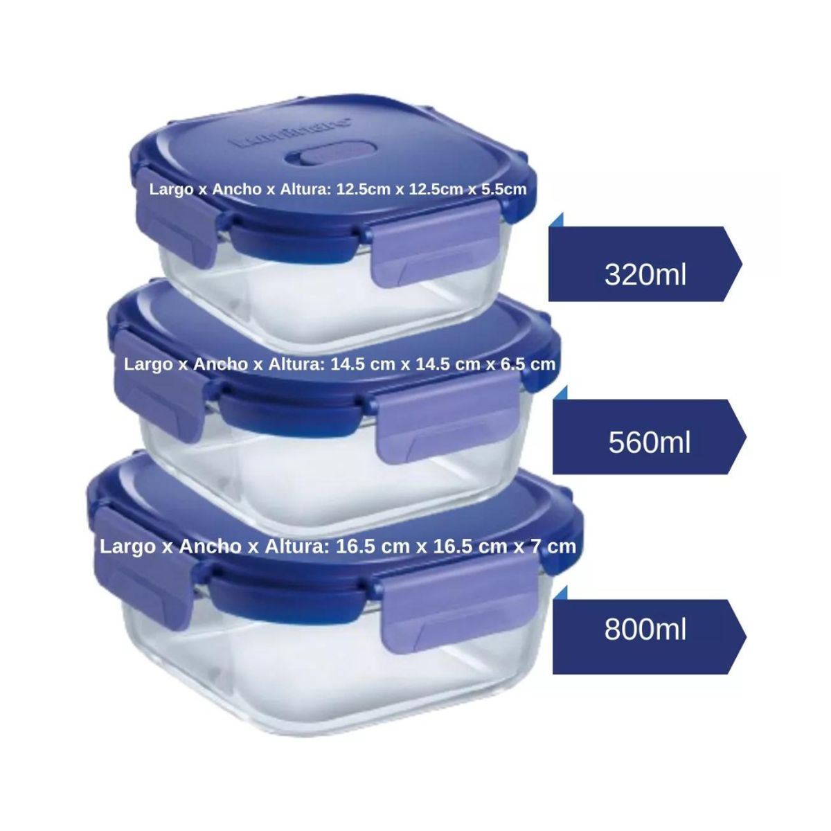 LUMINARC - Set 3 taper hermeticos Cuadrados Vidrio Luminarc (800ML-560ML-320ML)