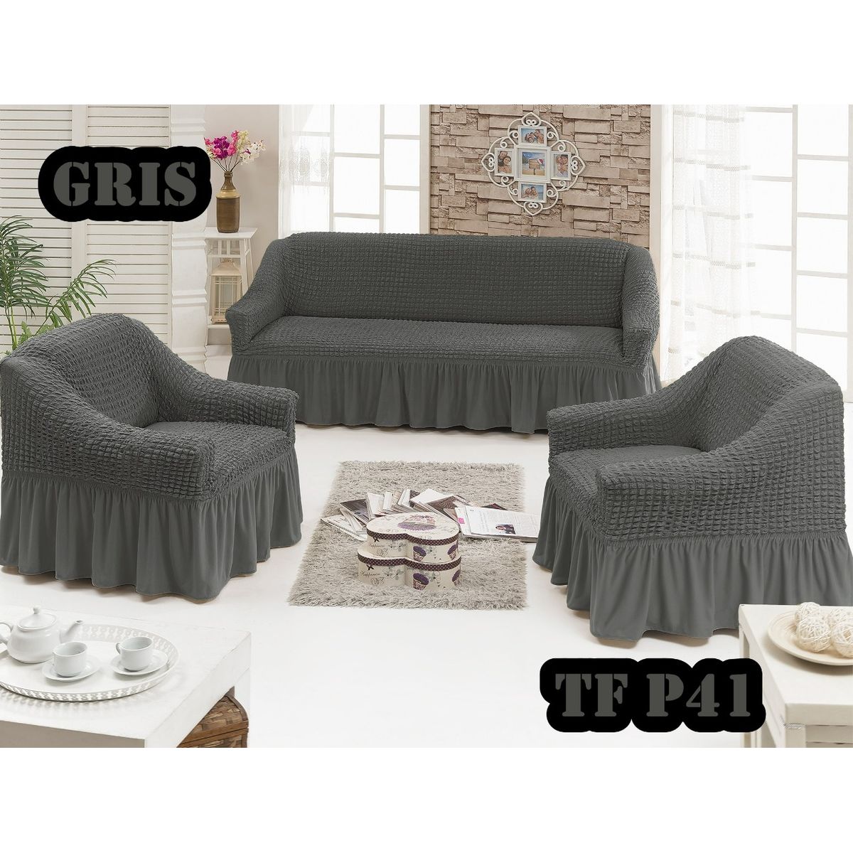 GENERICO - Cubre Sofa Sillon Turco para 3 cuerpos 3+1+1 Gris