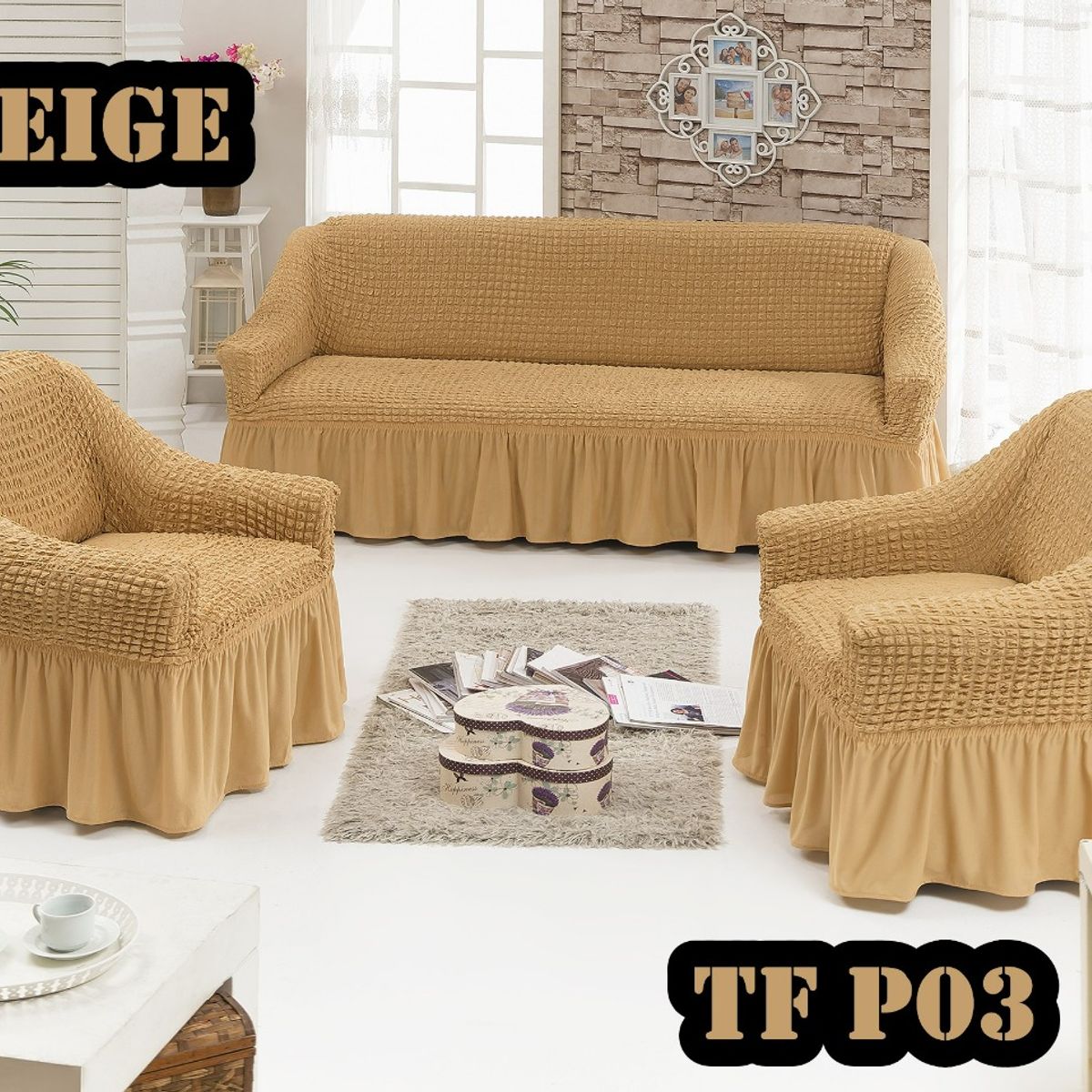 GENERICO - Cubre Sofa Sillon Turco para 3 cuerpos 3+1+1 Beige