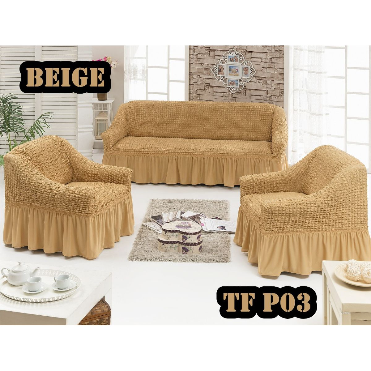 GENERICO - Cubre Sofa Sillon Turco para 3 cuerpos 3+1+1 Beige