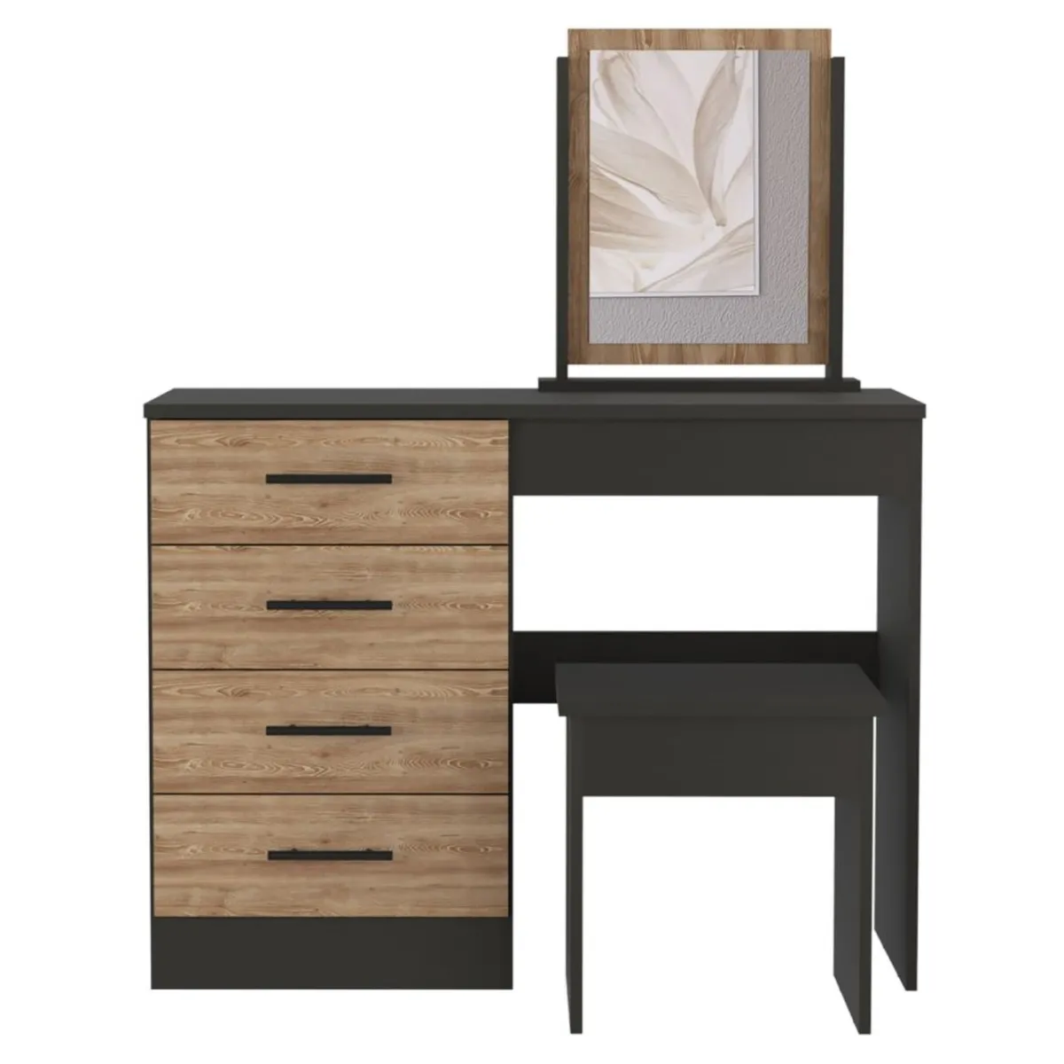 FMFURNITURE - Mueble Tocador Con Espejo y 4 Cajones - Negro y Café Claro 126.7x100x42.5 cm
