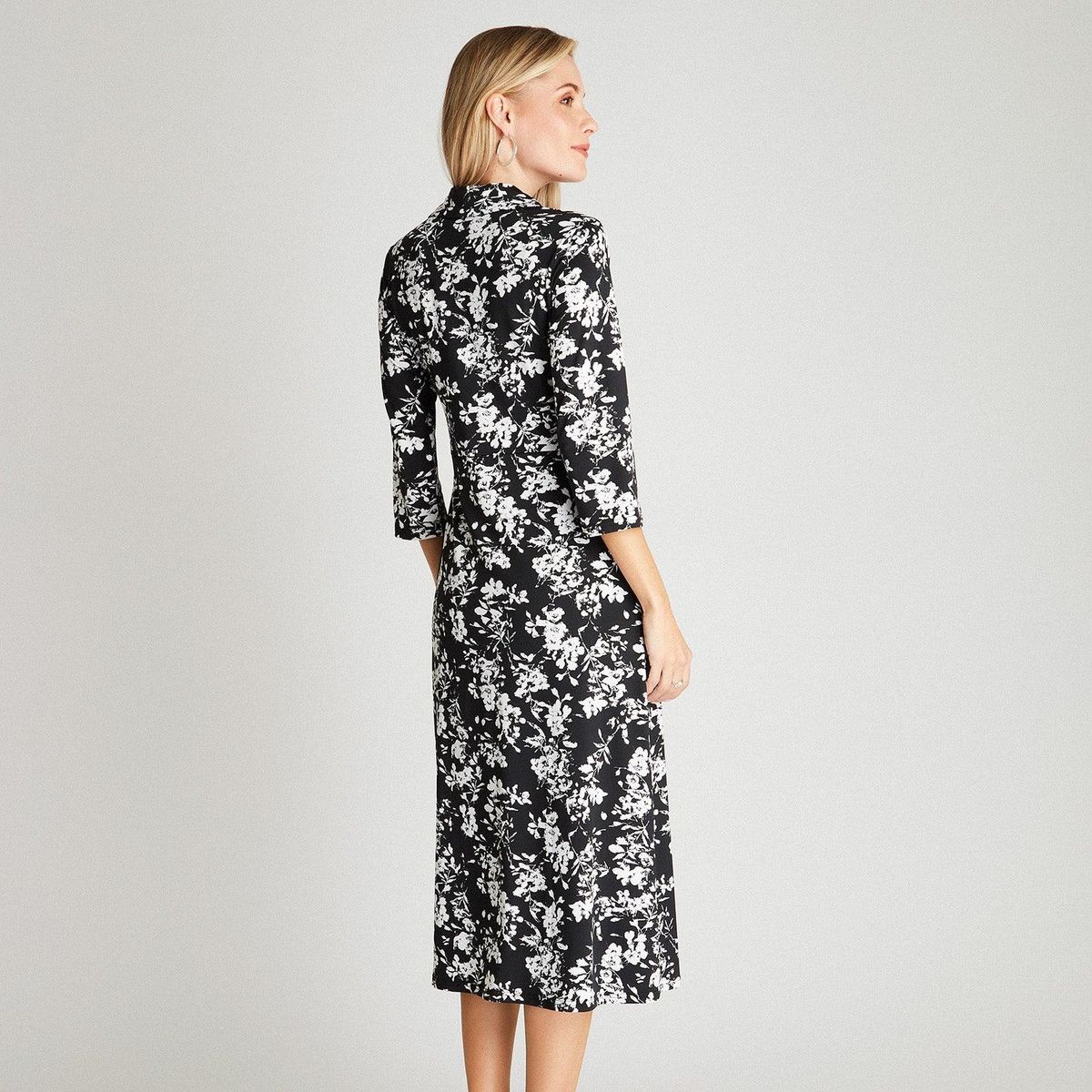 LORENZO DI PONTTI - Vestido Midi Negro Manga 3,4 Estampado Cuello Camisero