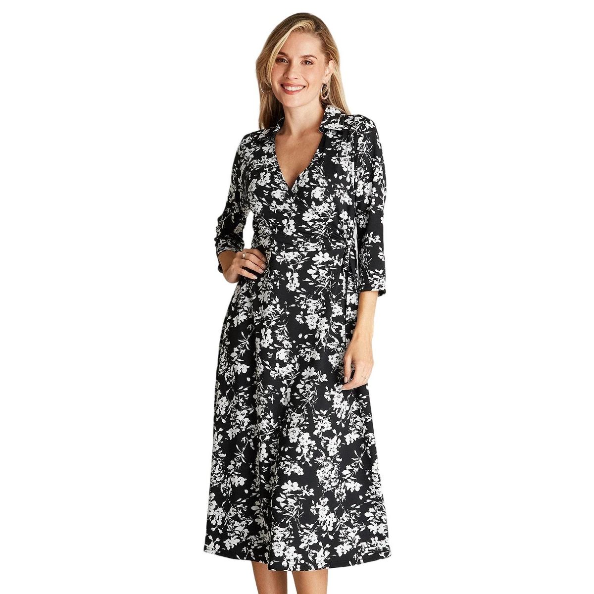 LORENZO DI PONTTI - Vestido Midi Negro Manga 3,4 Estampado Cuello Camisero