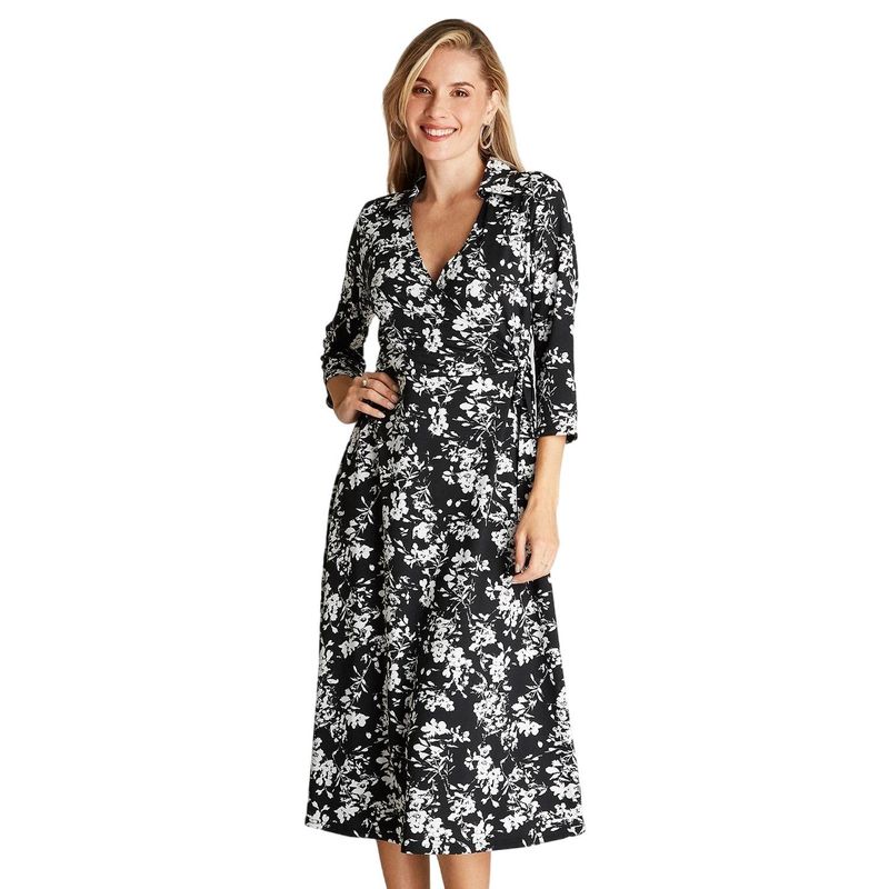 LORENZO DI PONTTI - Vestido Midi Negro Manga 3,4 Estampado Cuello Camisero