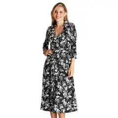LORENZO DI PONTTI - Vestido Midi Negro Manga 3,4 Estampado Cuello Camisero