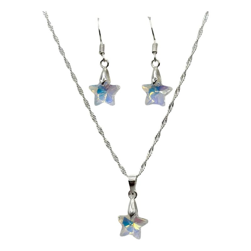 GENERICO - Conjunto Collar Aros Estrella Cristal Tornasol Plata 925