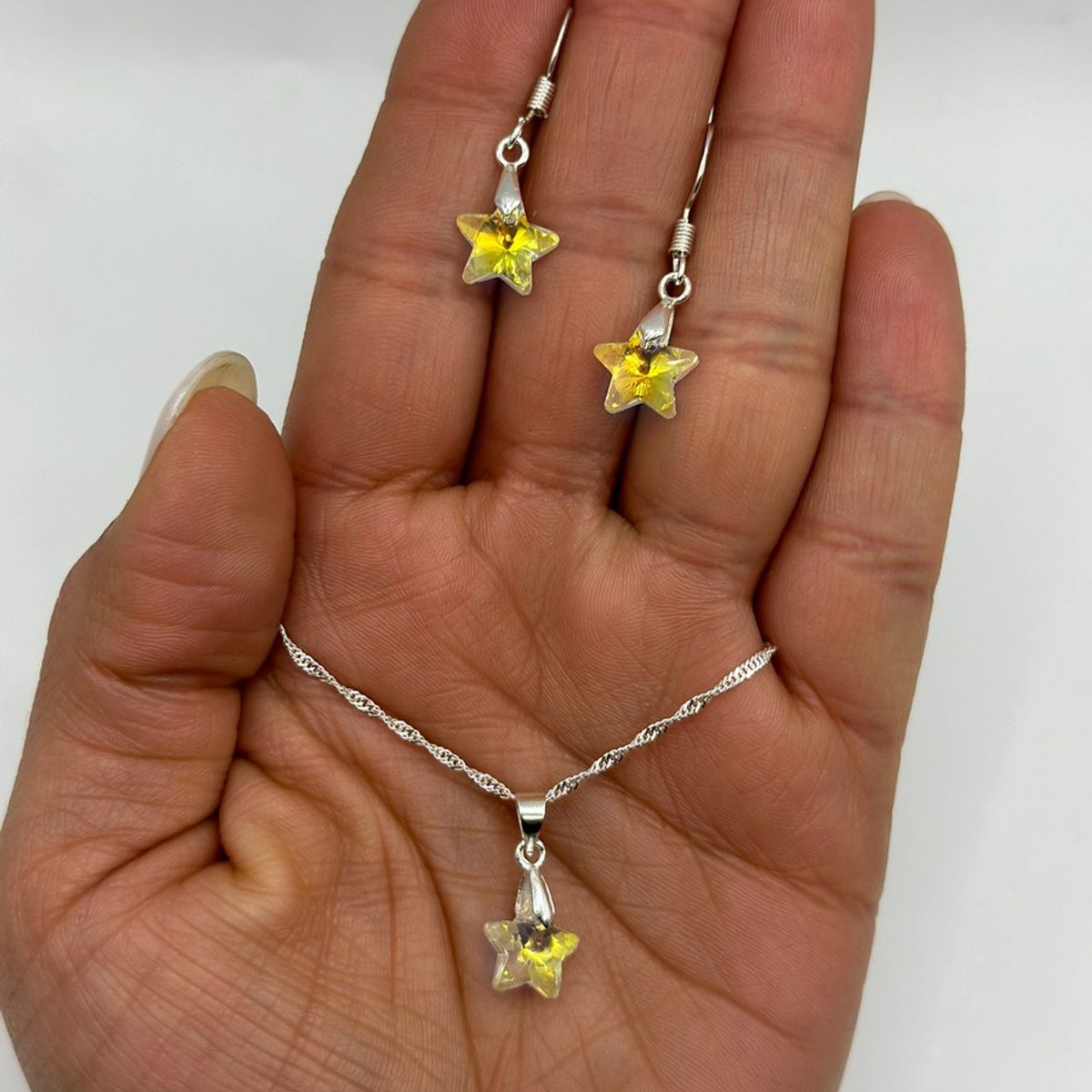 GENERICO - Conjunto Collar Aros Estrella Cristal Tornasol Plata 925