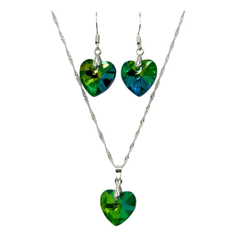 GENERICO - Conjunto Corazon Cristal Swarovski Esmeralda Plata 925