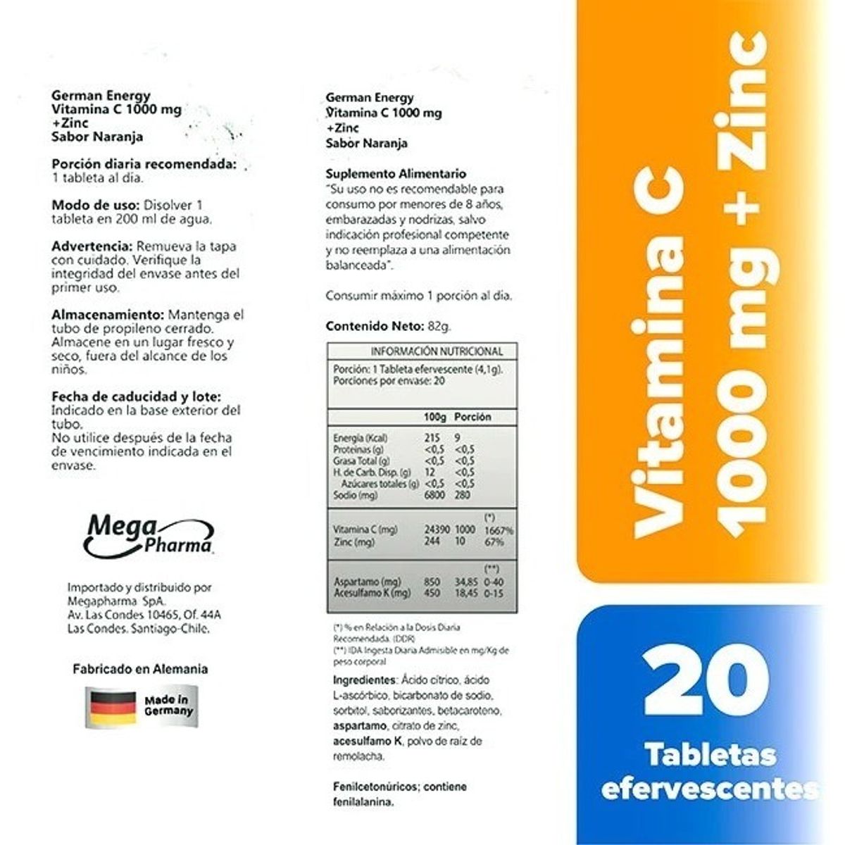 GERMAN ENERGY - Vitamina C + Zinc Efervescente X 20 German Energy