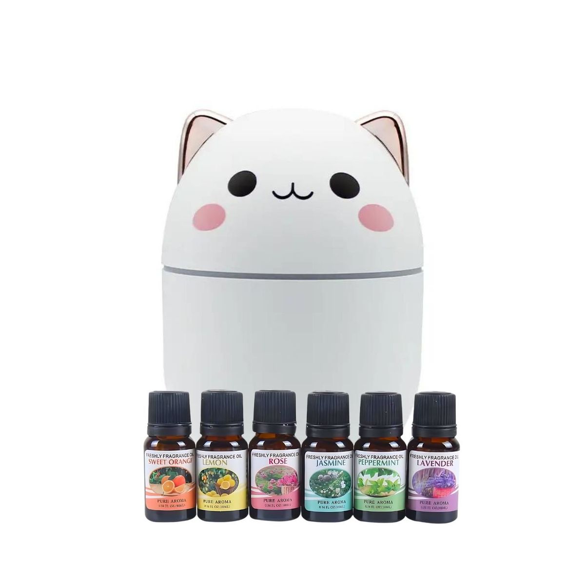 GENERICO - Pack Humidificador Diseño Gato Blanco Más 12 Esencias Aromáticas