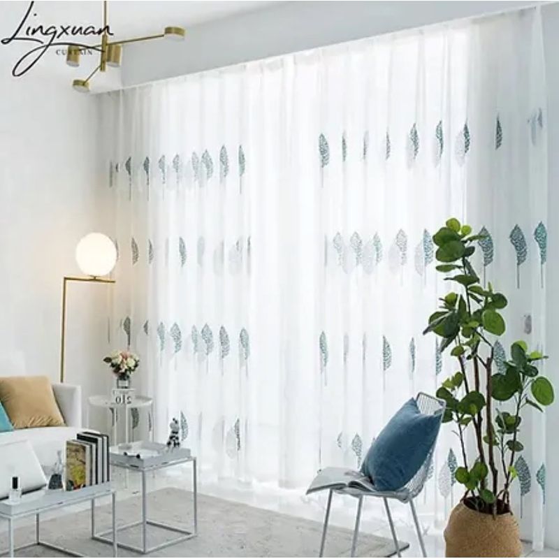 GENERICO - CORTINA VISILLOS BORDADO CON ARGOLLAS HOJA TURQUESA 150X230CM GSOL