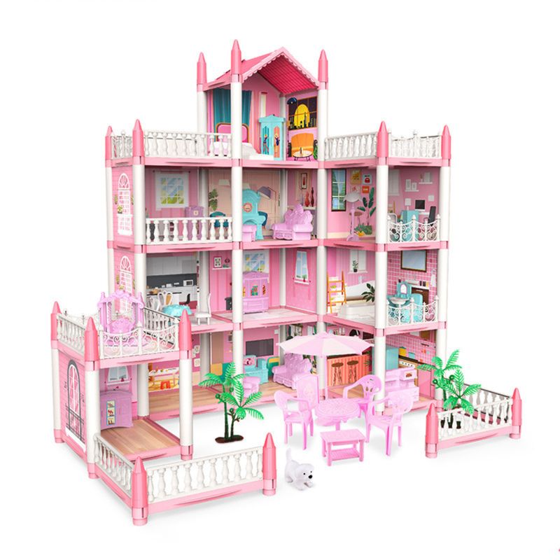 CRUSEC - Casa De Muñecas Castillo Rosa Con Mueble Y Decoraciones
