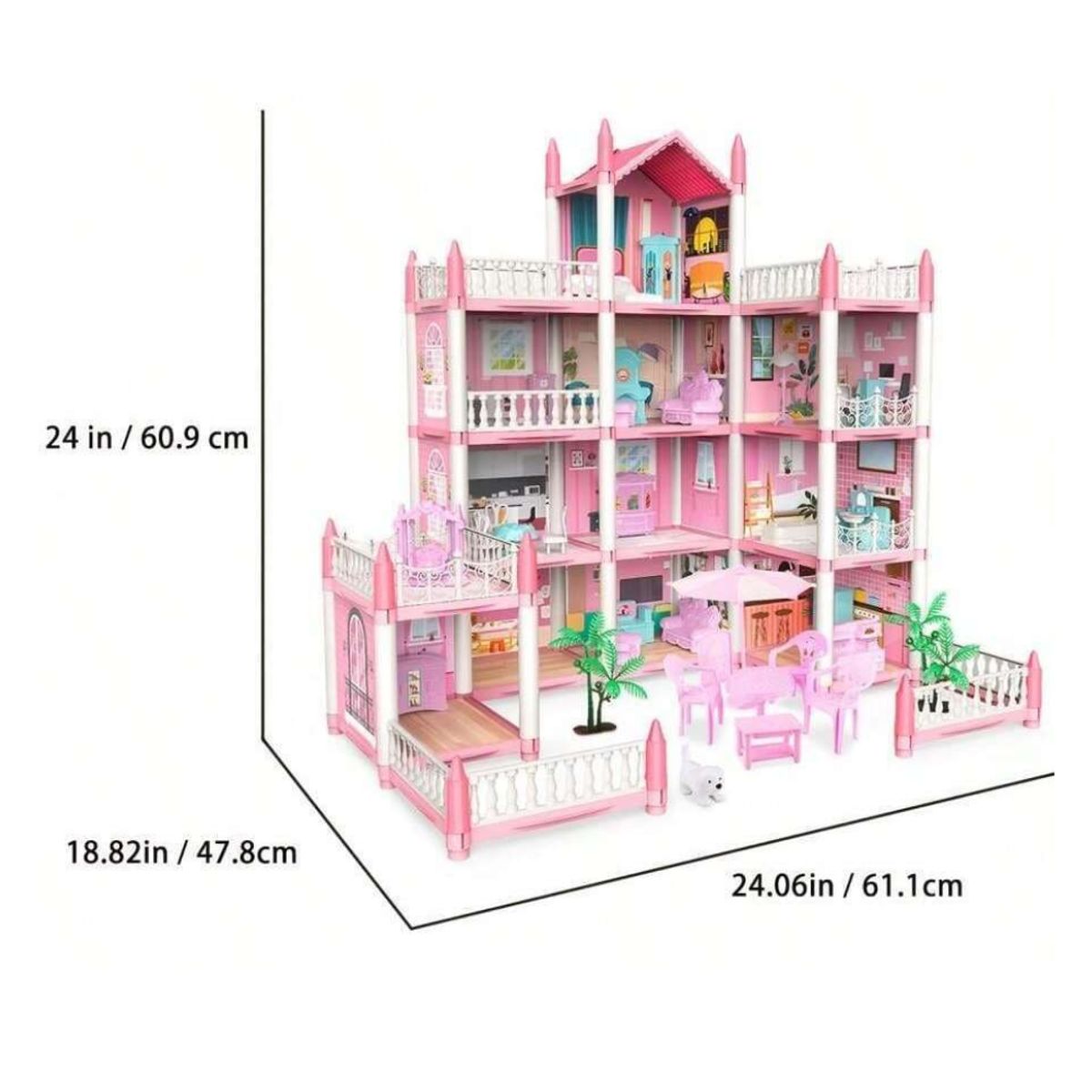 CRUSEC - Casa De Muñecas Castillo Rosa Con Mueble Y Decoraciones