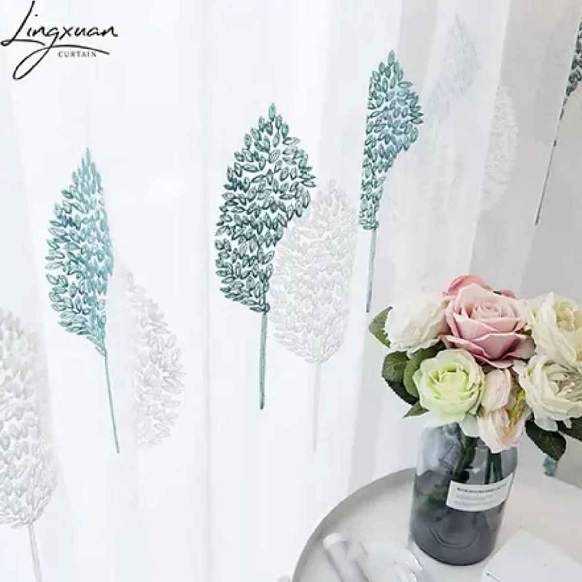 GENERICO - VISILLOS BORDADOS HOJA TURQUESA 2 PAÑOS 150X230CM GSOL