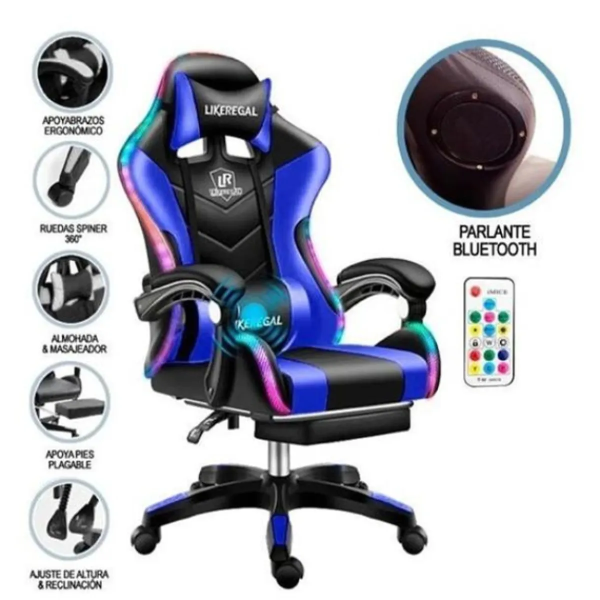 GENERICO - Silla Gamer Con Luz Rgb Reposapiés Y Masajeador Reclinable C Azul