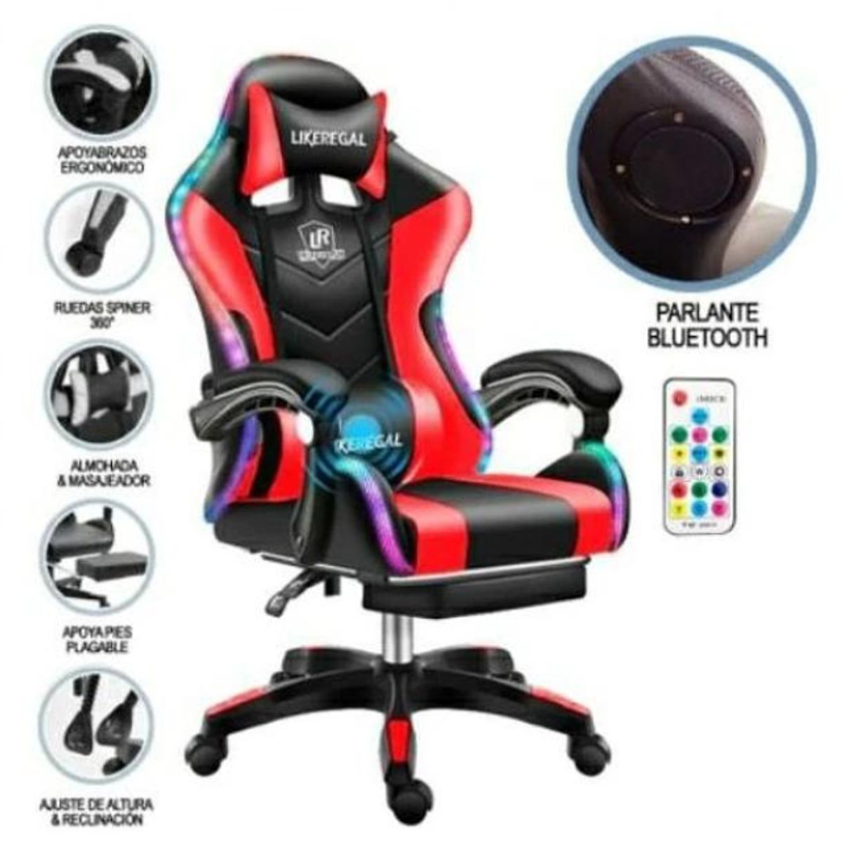 GENERICO - Silla Gamer Con Luz Rgb Reposapiés Y Masajeador Reclinable C ROJA