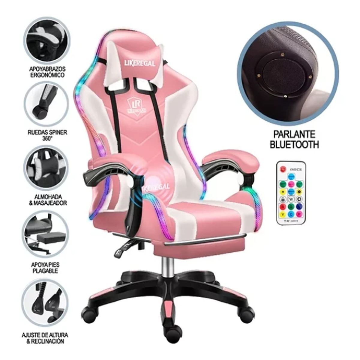 GENERICO - Silla Gamer Con Luz Rgb Reposapiés Y Masajeador Reclinable C ROSA