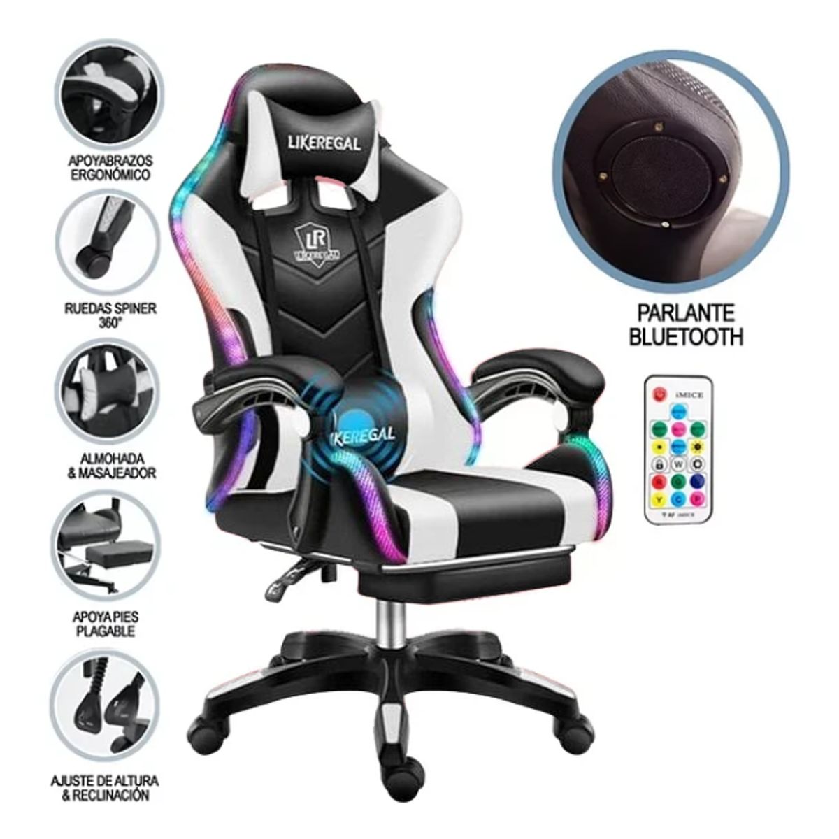 GENERICO - Silla Gamer Con Luz Rgb Reposapiés Y Masajeador Reclinable C BLANCA
