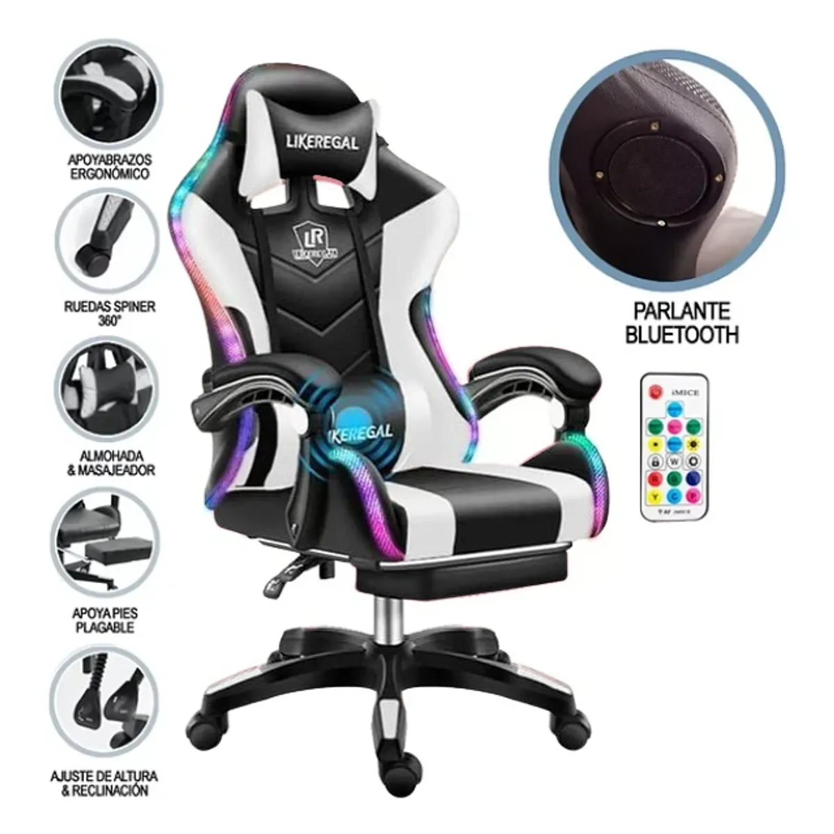 GENERICO - Silla Gamer Con Luz Rgb Reposapiés Y Masajeador Reclinable C BLANCA