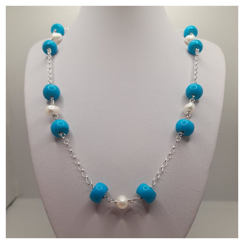 CAT JOYAS - Collar de plata con turquesa y perlas de río