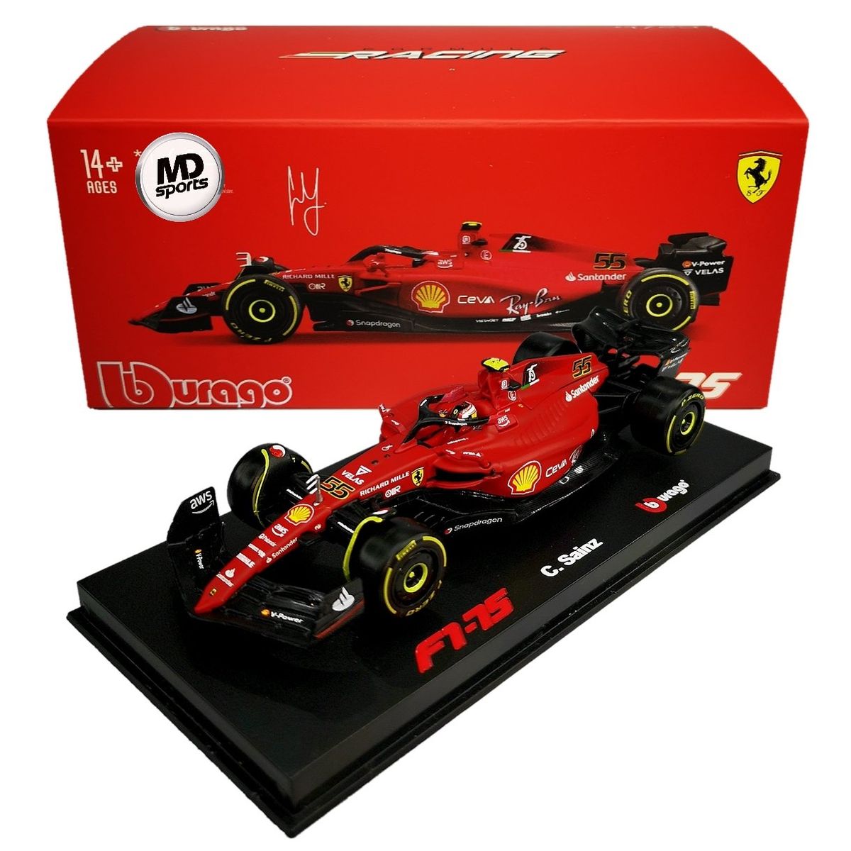 BBURAGO - Auto F1 Ferrari F1-75 2022 #55 C. Sainz Caja Acrilica 1:43