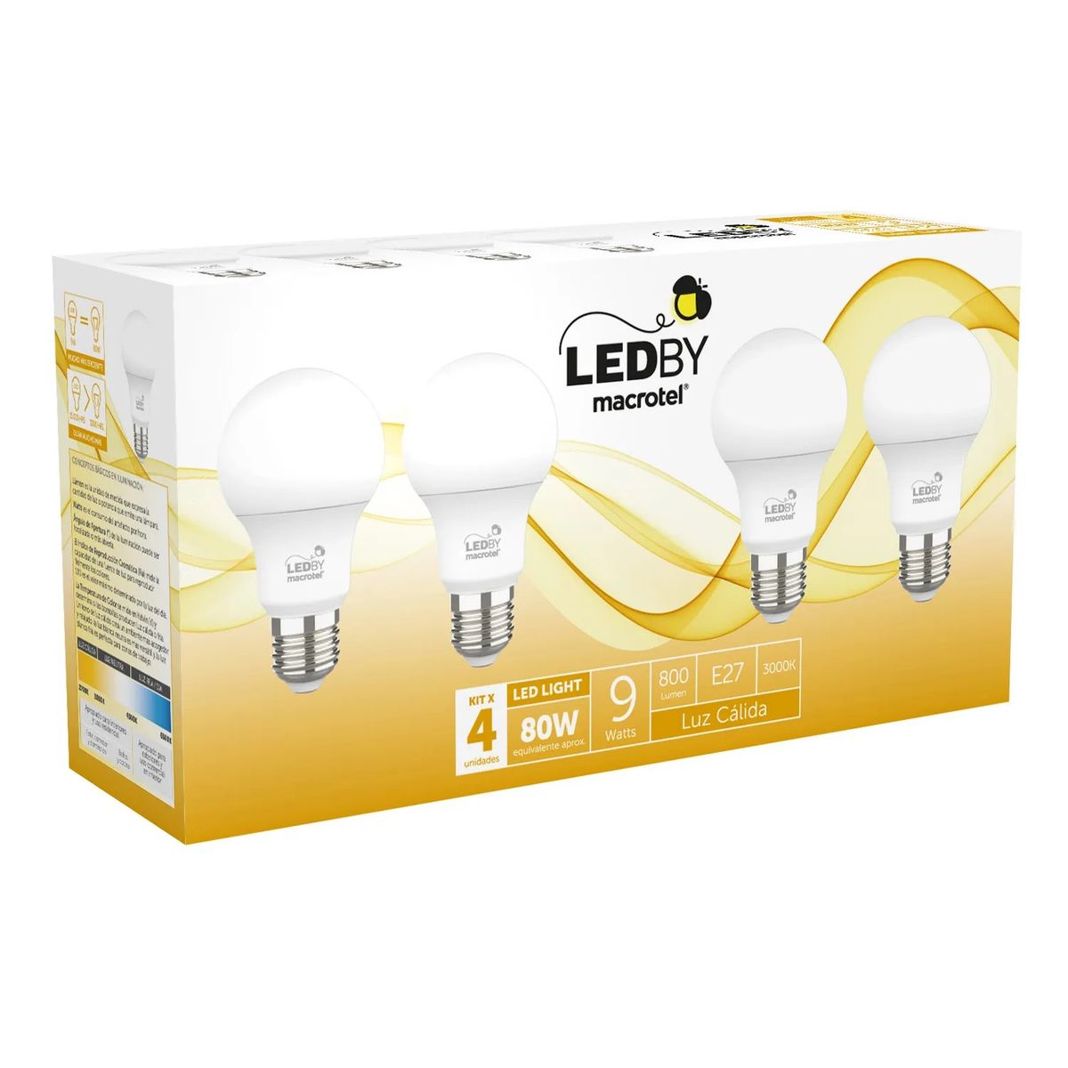 MACROTEL - Pack 4 Ampolletas Led Macrotel E27 9w 3000K Luz Cálida