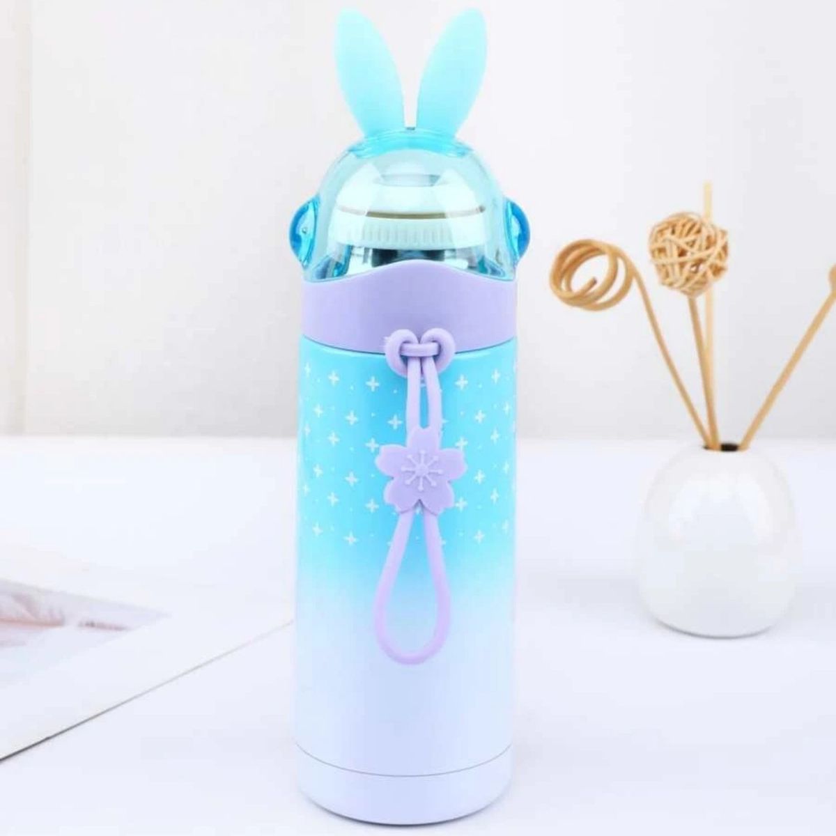 HOMESTAR - Botella Térmica Azul Cian Degradado con Tapa de Conejo